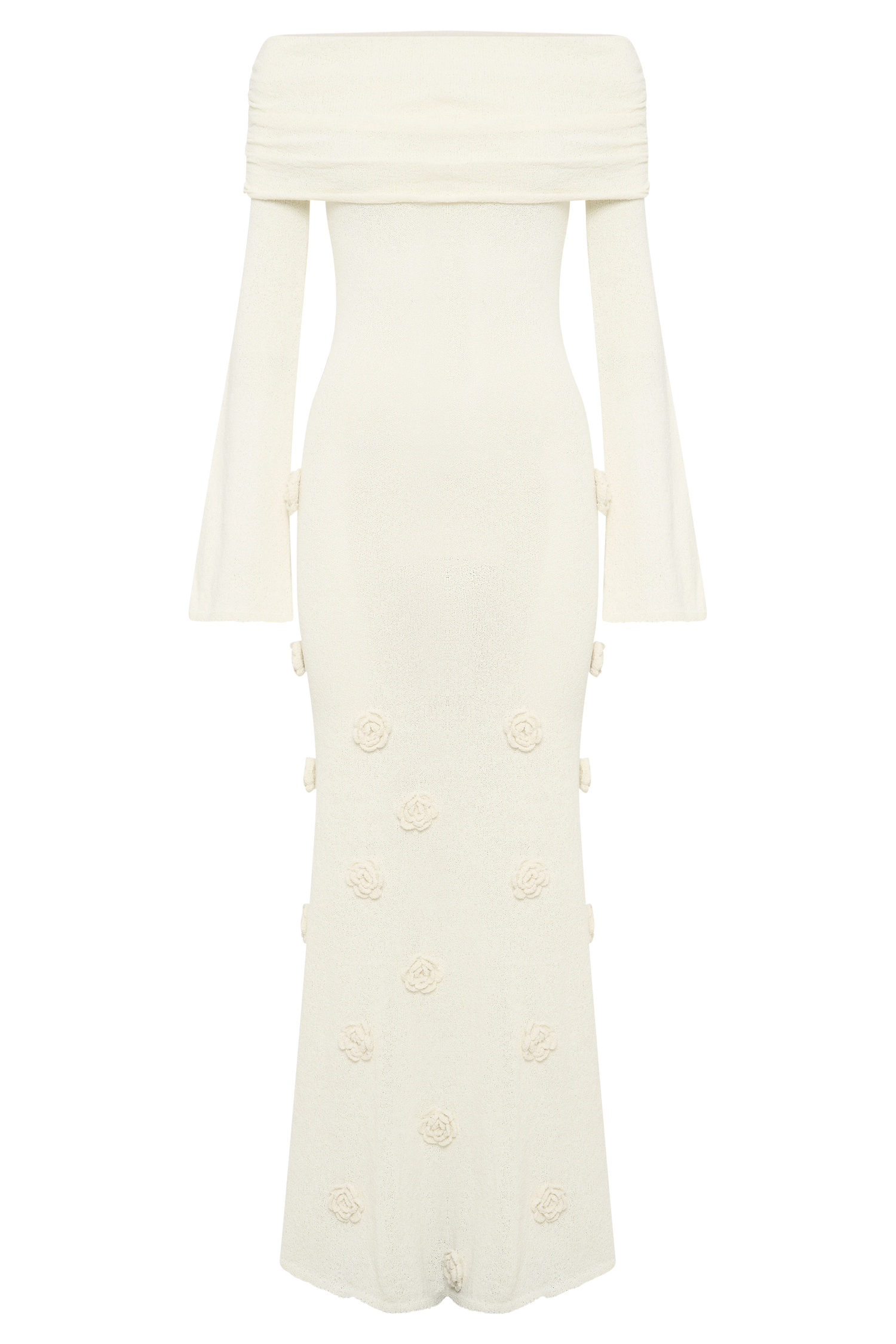 Kapalı Omuz Örgü Gül Maksi Elbise - Ivory